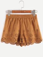 Shein Camel Suede Laser Cutout Scallop Hem Shorts