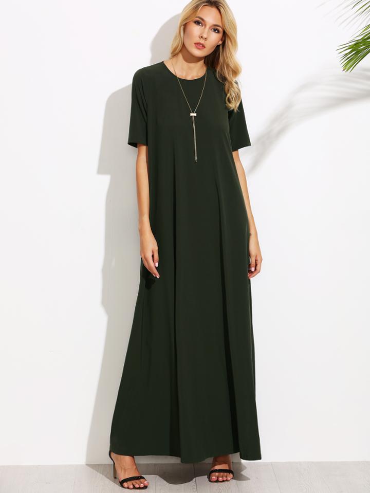 Shein Dark Green Short Sleeve Zipper Back Maxi Dress