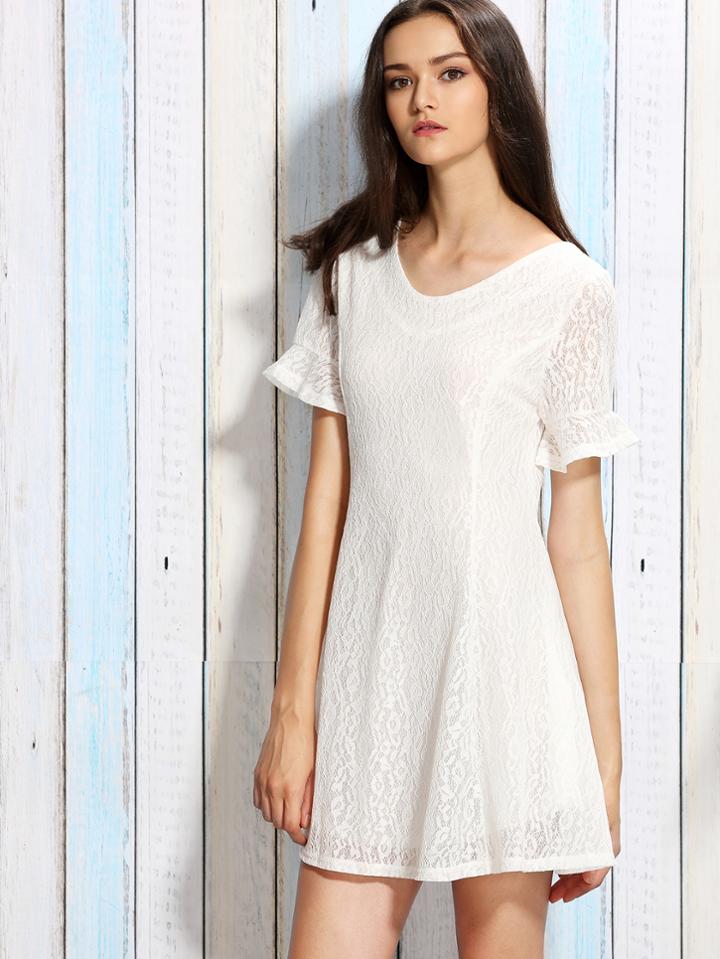 Shein White Ruffle Sleeve Bow Back Lace Dress