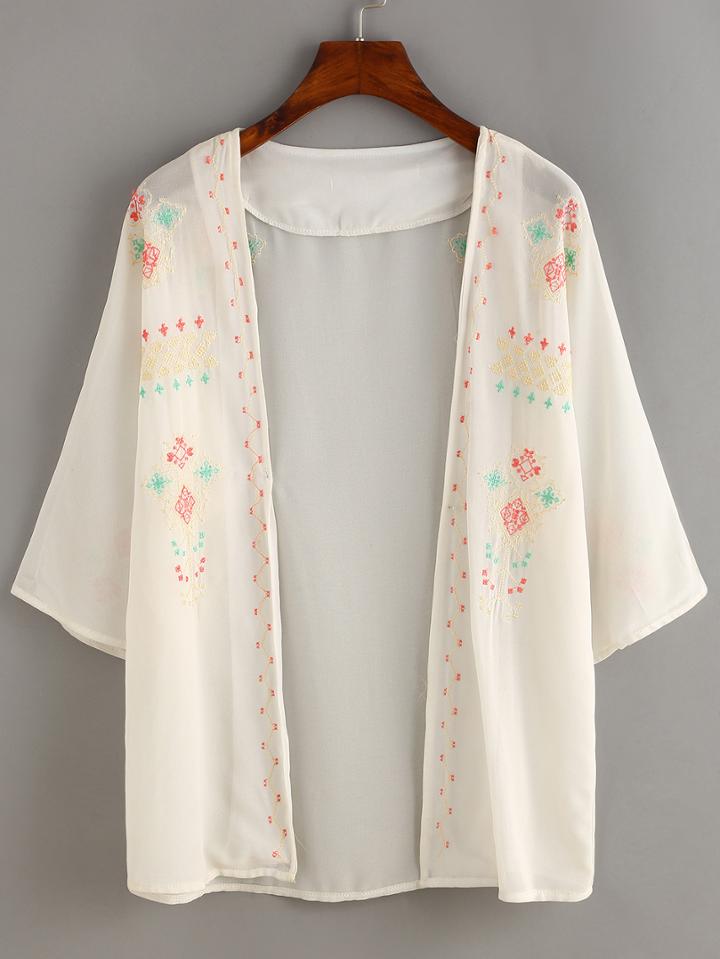Shein Tribal Embroidery Sheer Open-front Blouse