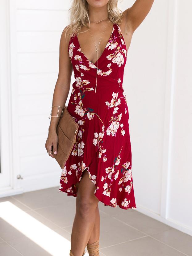 Shein Red Deep V Neck Florals Wrap Dress