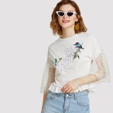 Shein Mesh Sleeve Applique Detail Ruffle Top
