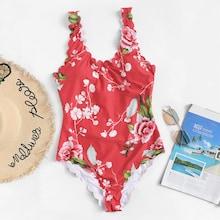 Shein Scalloped Trim Random Floral Swimsuit