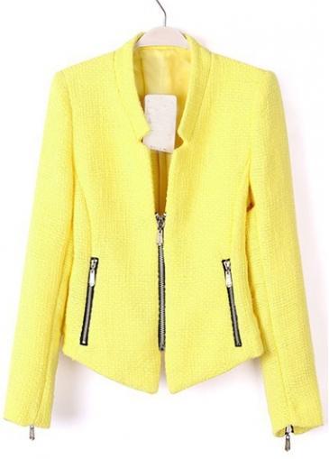 Rosewe Yellow Stand Collar Long Sleeve Woman Suits With Zip