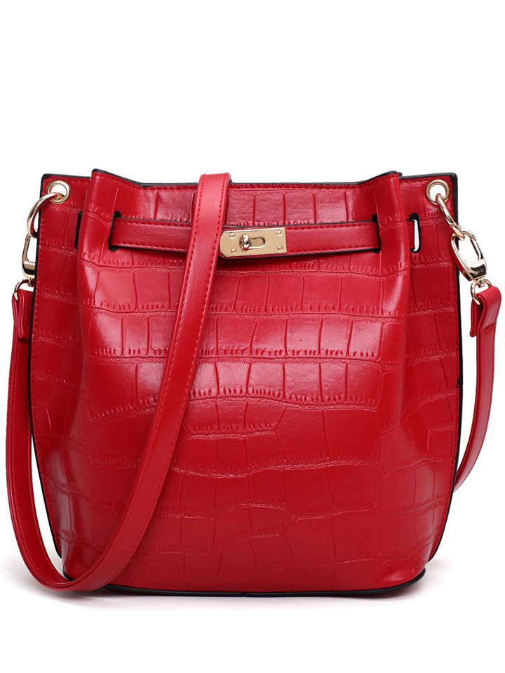 Shein Crocodile Embossed Turnlock Belted Bucket Bag - Red