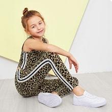 Shein Girls Striped Side Leopard Tank Top & Leggings Set