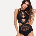 Shein Cut Out Detail Eyelash Lace Teddy Without Bra Set