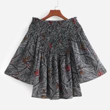 Shein Shirred Bardot Leaf Print Top