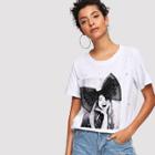 Shein Bow Patched Figure Print Beaded T-shirt