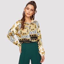 Shein Curved Hem Leopard Panel Blouse