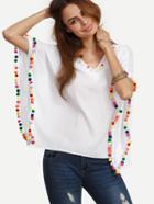 Shein White Caftan Sleeve Pompom Decorated Blouse