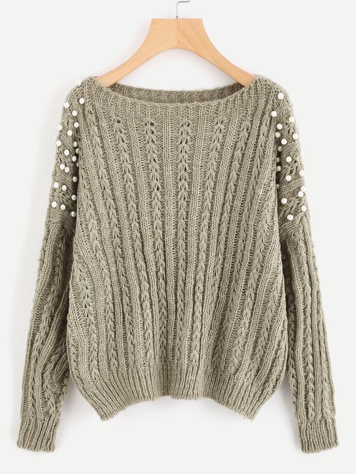 Shein Pearl Embellished Mixed Knit Jumper