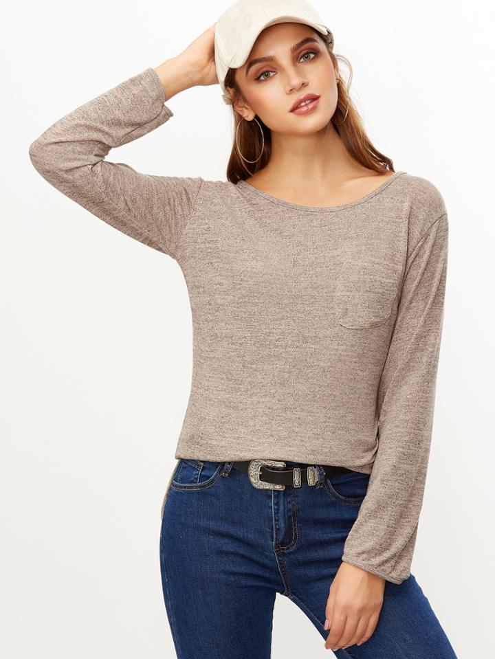 Shein Khaki Cut Out Back Dip Hem Pocket T-shirt