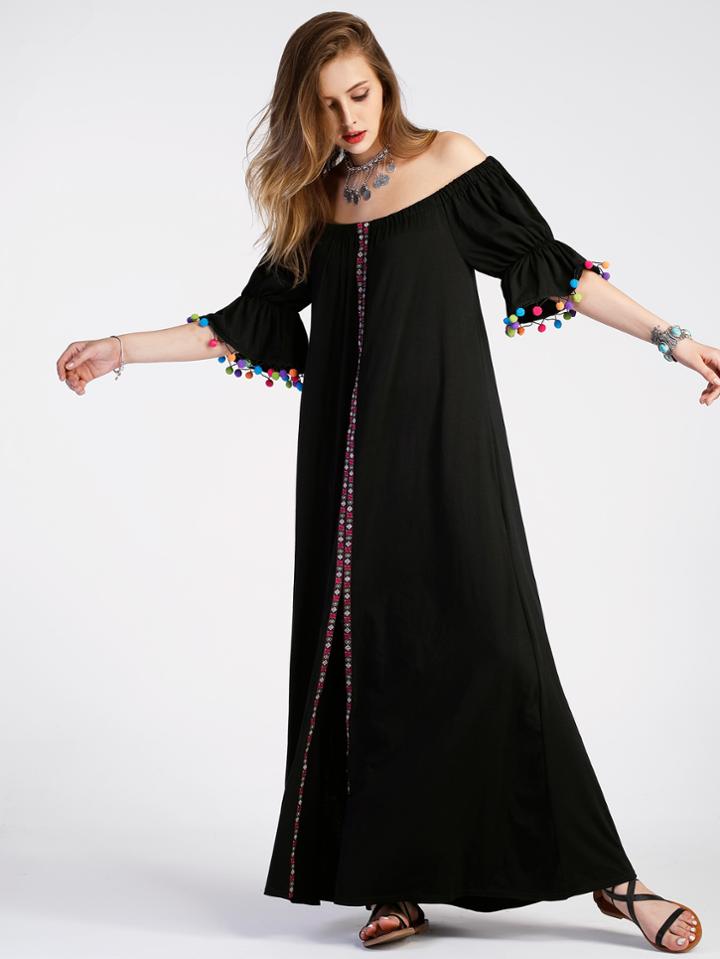 Shein Bardot Embroidered Tape Detail Pom Pom Slit Dress