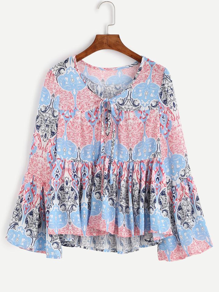 Shein Print Bell Sleeve Lace Up Dip Hem Blouse