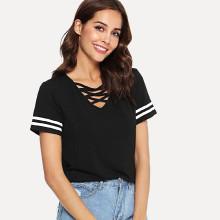 Shein Contrast Tape Crisscross Neck Tee