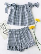 Shein Bow Tie Detail Gingham Top With Ruffle Shorts