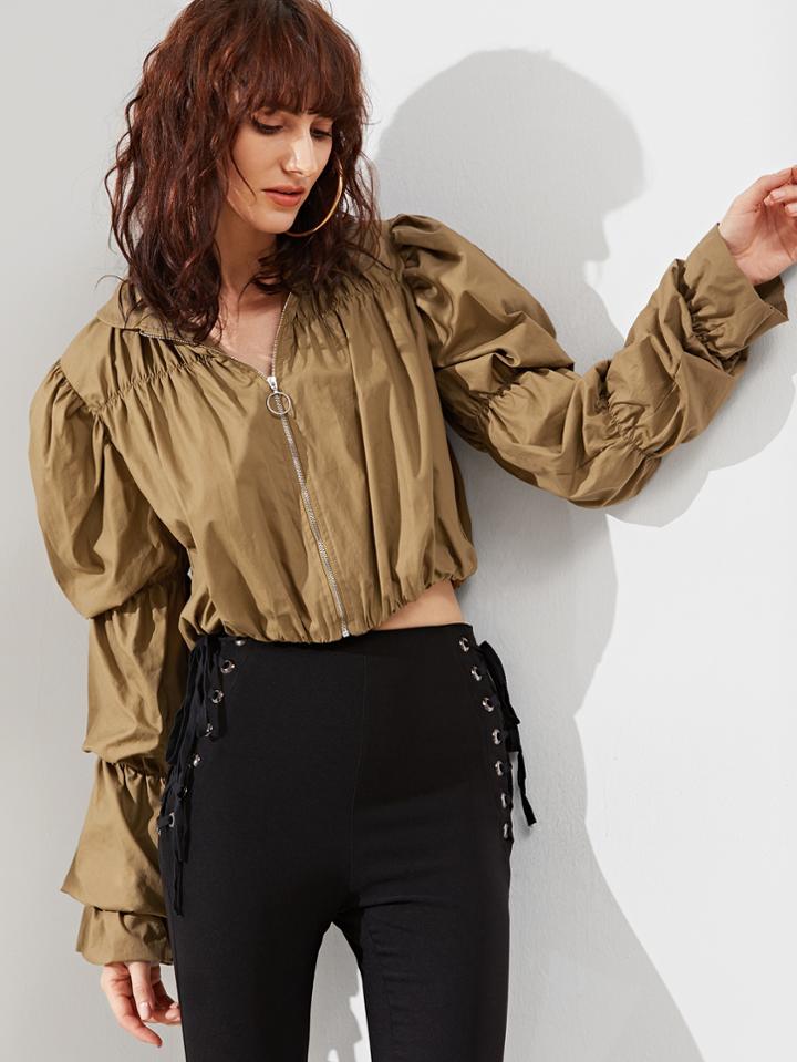 Shein Khaki Elastic Puff Sleeve Zip Up Jacket