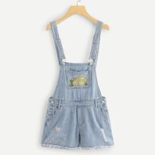 Shein Lemon & Letter Embroidered Denim Overalls