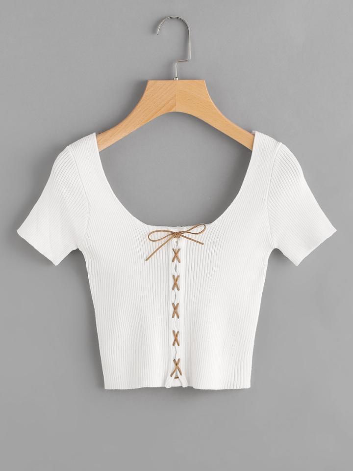 Shein Ribbed Lace Up Crop Tee