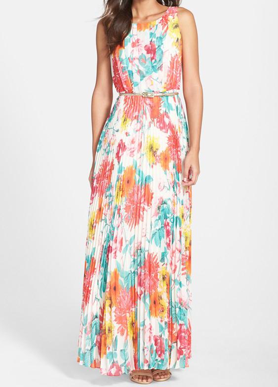Shein Multicolor Sleeveless Floral Pleated Ball Maxi Dress