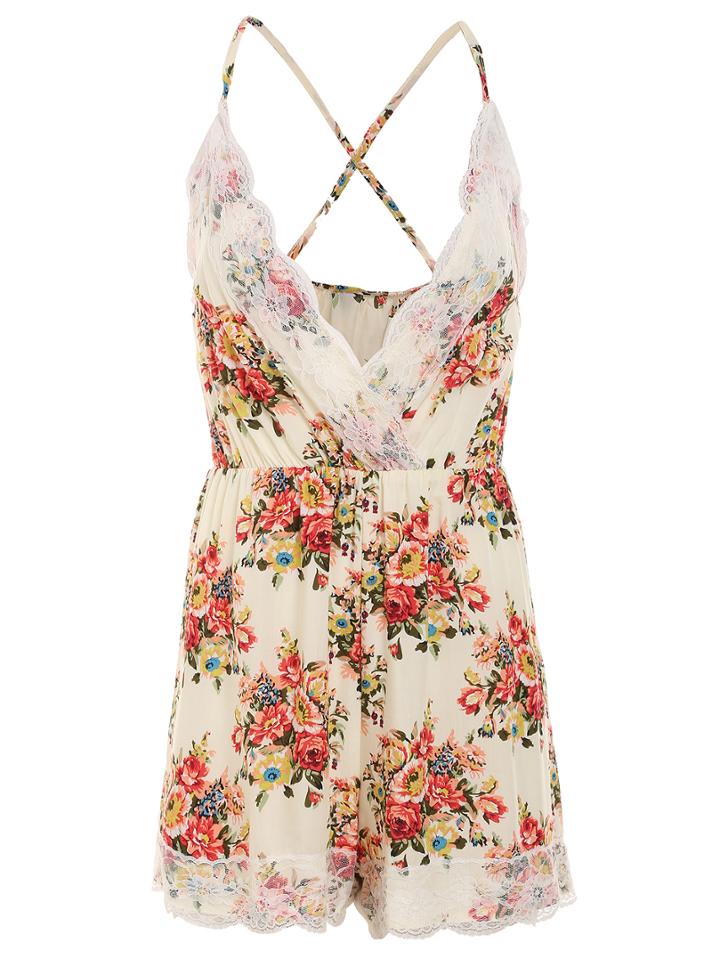 Shein Lace Trimmed Floral Print Cami Romper