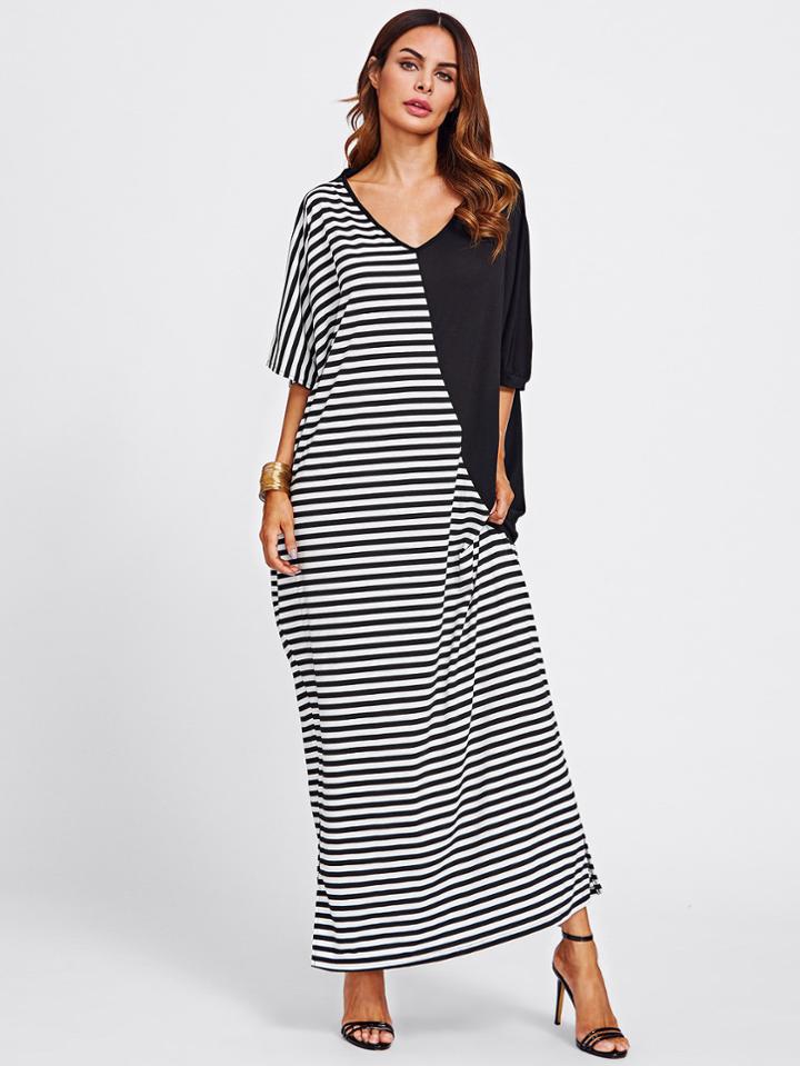 Shein Contrast Stripe V Cut Back Dress