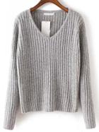 Shein Light Grey V Neck Long Sleeve Crop Sweater