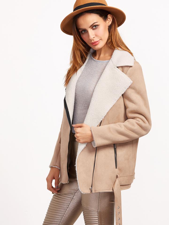Shein Khaki Faux Shearling Asymmetric Zip Belted Hem Jacket