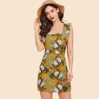 Shein Ruffle Detail Backless Tropical Print Dress