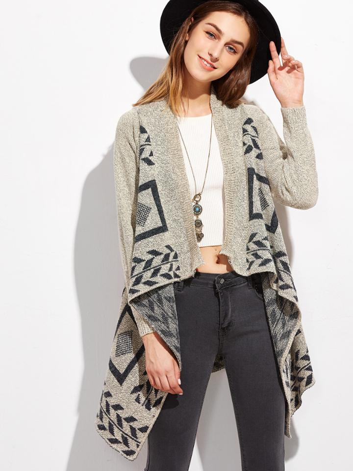Shein Geometric Print Drape Front Asymmetric Cardigan