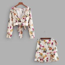 Shein Overlap Back Tie Detail Florals Blouse With Skirt