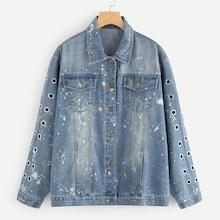Shein Plus Splash Print Grommet Detail Denim Jacket