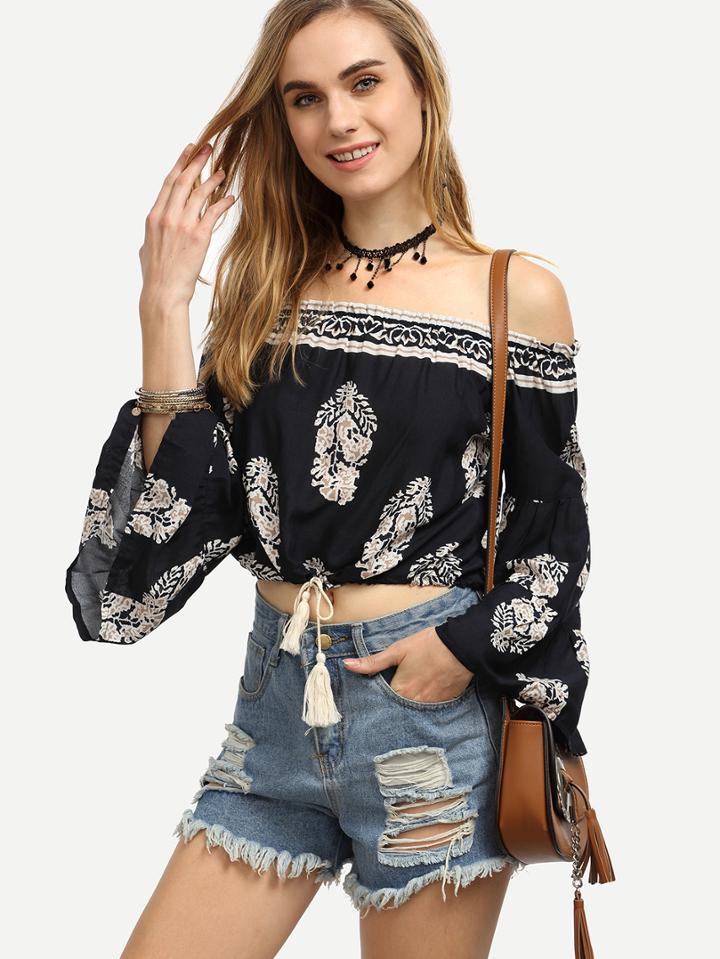 Shein Navy Shirred Off The Shoulder Tassel Tie Top
