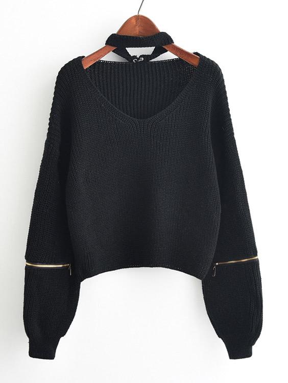 Shein Zip Detail Drop Shoulder Jumper With Choker