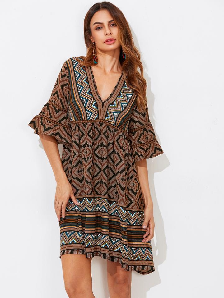 Shein Dot Lace Insert Trumpet Sleeve Tribal Print Dress