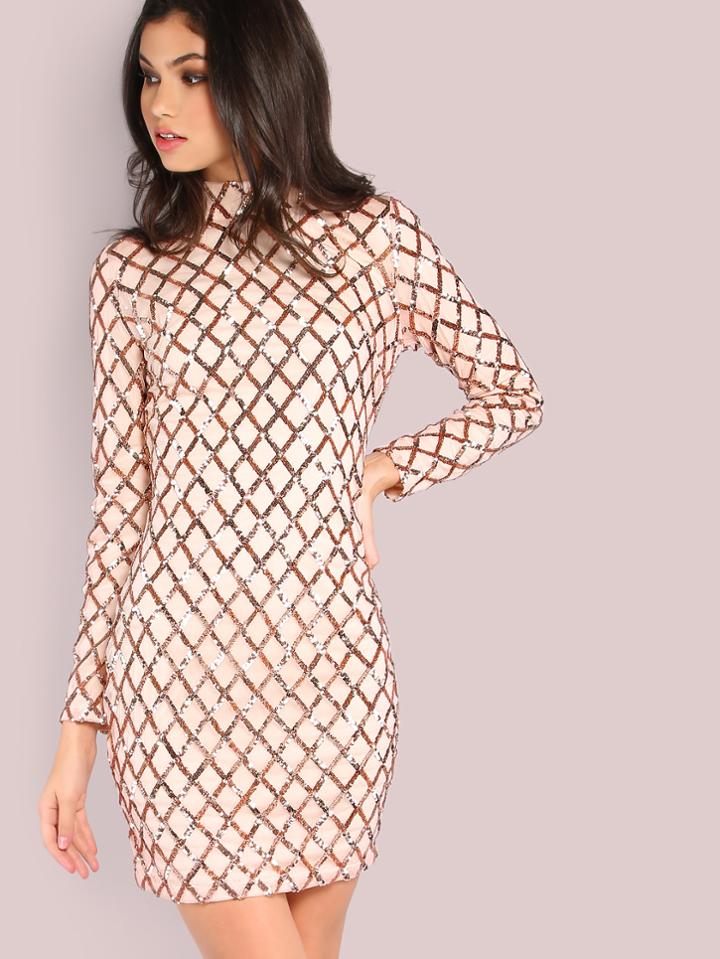 Shein Mock Neck Sleeved Sequin Dress Blush