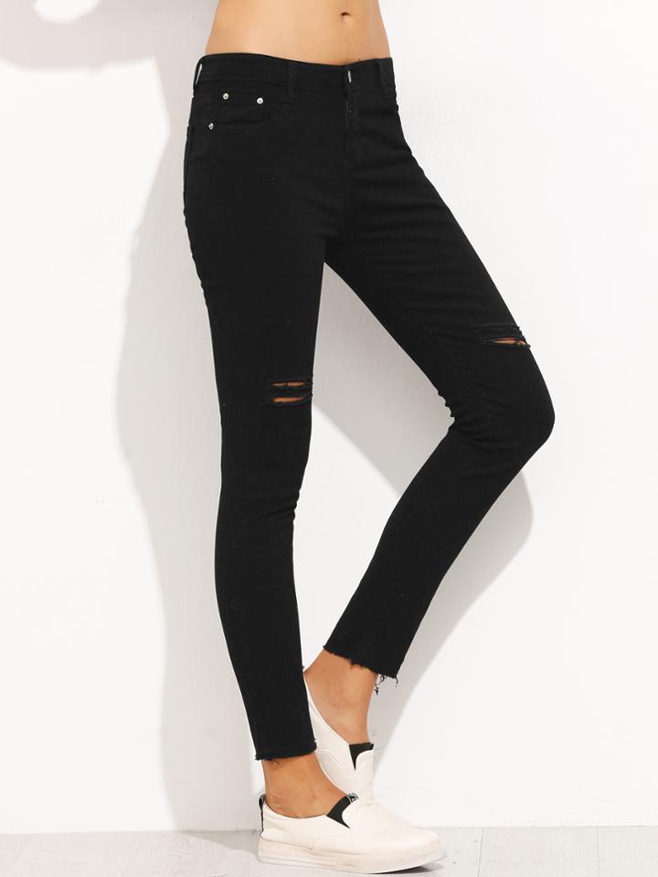 Shein Black Ripped Denim Jeans With Rolled Hem