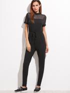 Shein Black Sheer Mesh Sleeve Drawstring Waist Tapered Jumpsuit