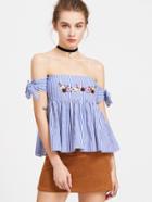 Shein Vertical Striped Embroidery Self Tie Top