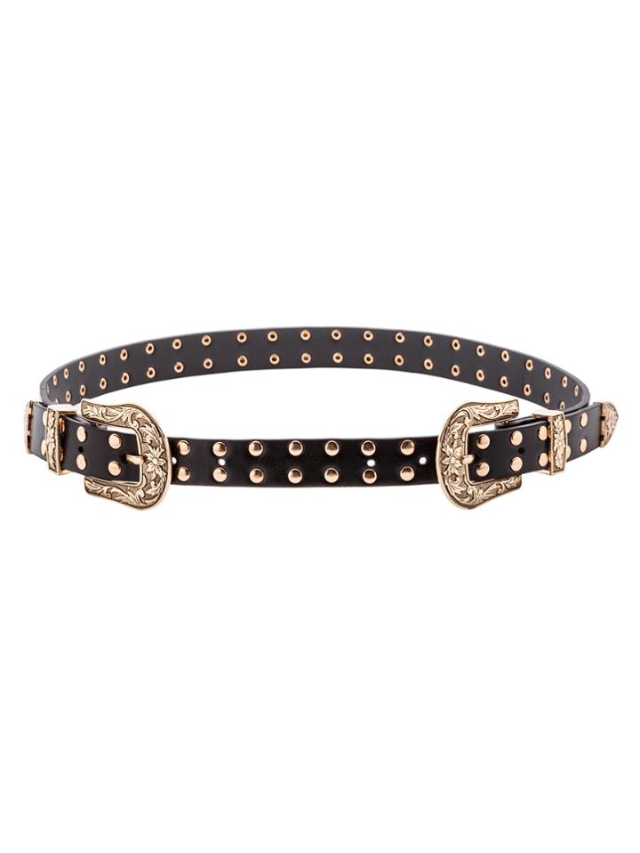 Shein Gold Double Buckle Studded Faux Leather Belt