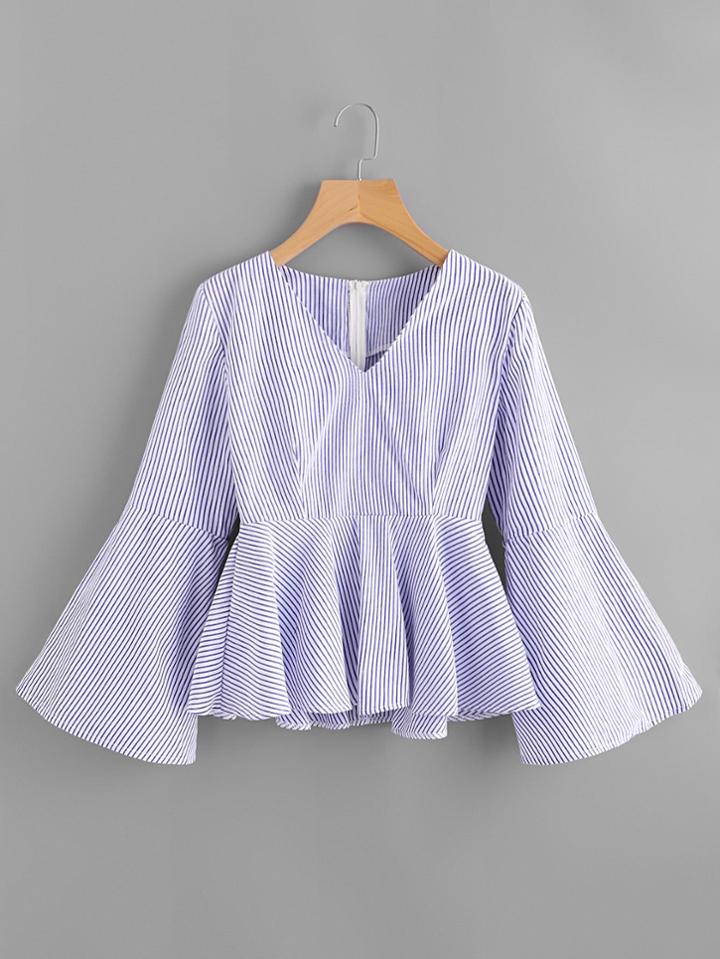 Shein V-neckline Flare Sleeve Vertical Striped Frill Blouse