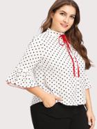 Shein Polka Dot  Flounce Sleeve Ribbon Tie Blouse