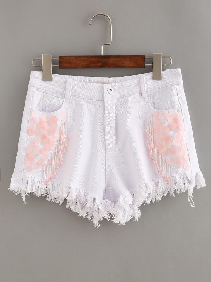 Shein Beaded Raw Hem White Denim Shorts