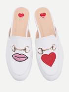 Shein White Heart And Lip Embroidery Loafer Mules