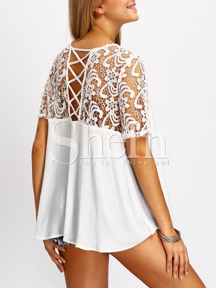 Shein White Crochet Lace Yoke Lace Up Back Blouse
