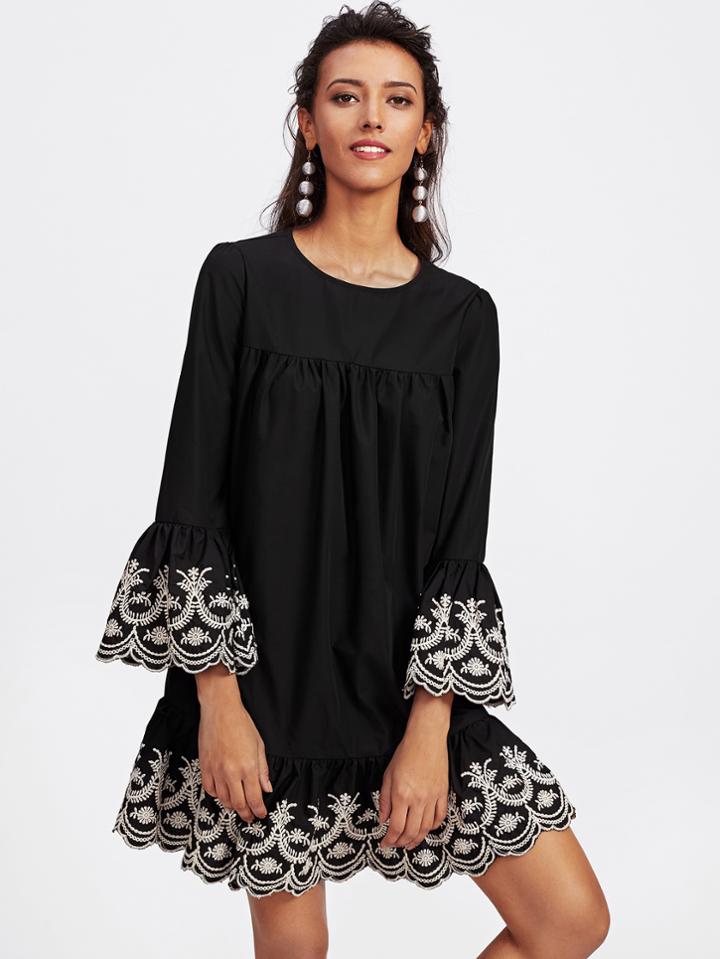 Shein Vine Embroidered Ruffle Cuff And Hem Scalloped Dress