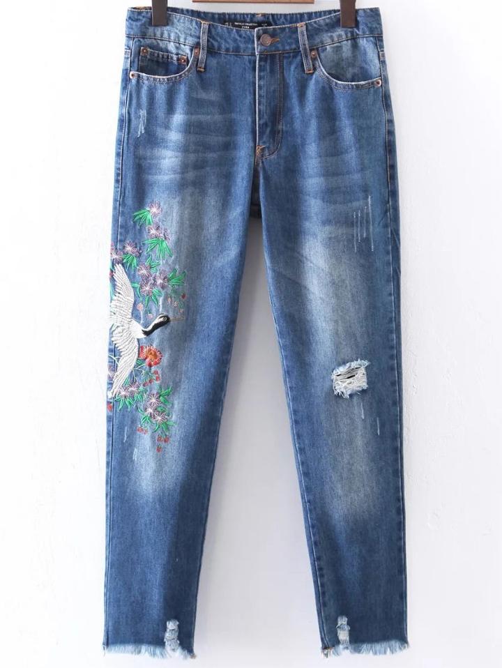 Shein Embroidery Ripper Detail Boyfriend Jeans