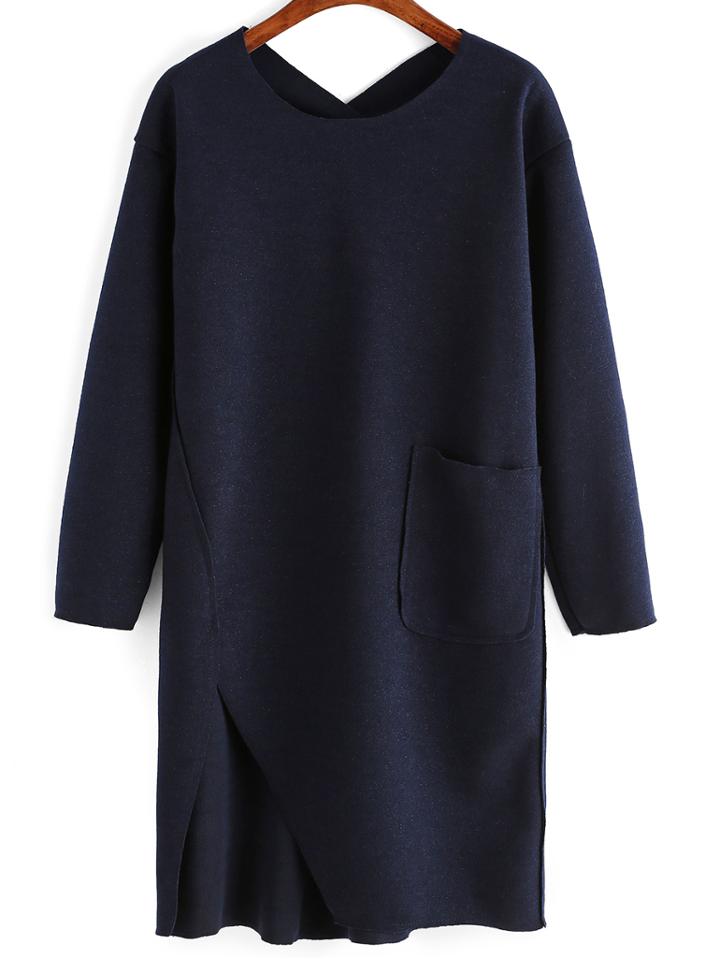 Shein Navy V Back Split Pocket Loose Dress