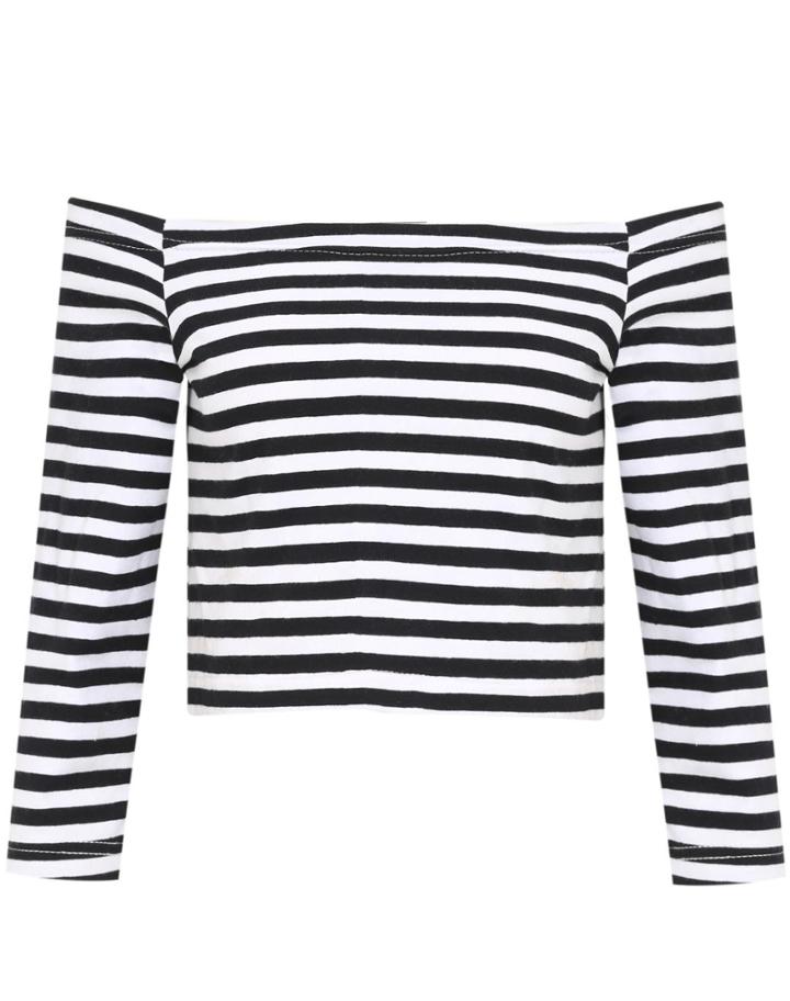 Shein White And Black Off The Shoulder Crop T-shirt